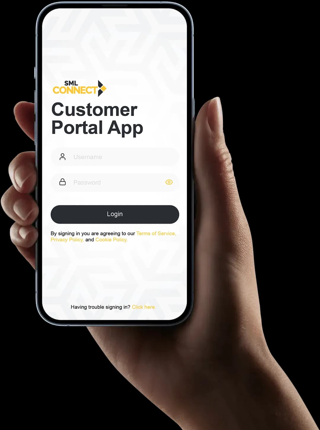 Hand holding the SML Connect mobile interface